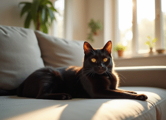 Chat Bengal noir allongé sur un canapé lumineux