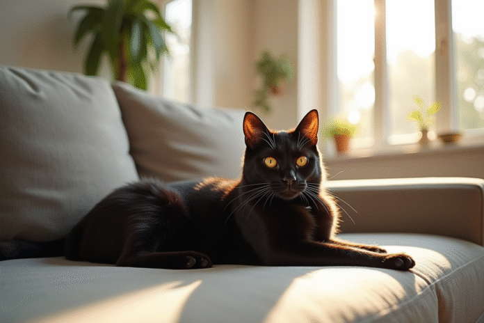 chat-bengal-salon-lumineux Chat Bengal noir allongé sur un canapé lumineux