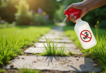 Chemin de jardin avec mauvaises herbes entre pavés et spray vinaigre
