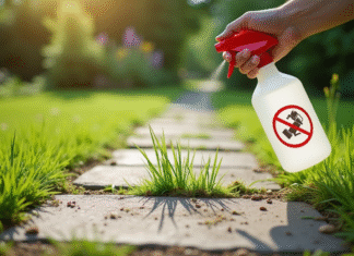 Chemin de jardin avec mauvaises herbes entre pavés et spray vinaigre