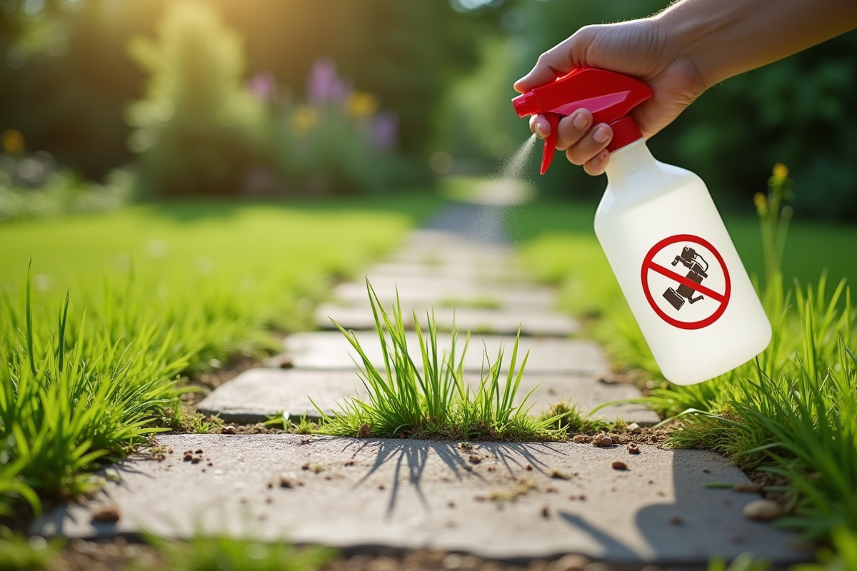 Chemin de jardin avec mauvaises herbes entre pavés et spray vinaigre