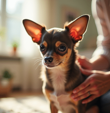 Chihuahua sain brosse par une femme dans un salon lumineux