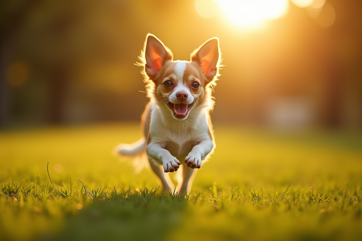 Chihuahua joueur court dans un parc ensoleille