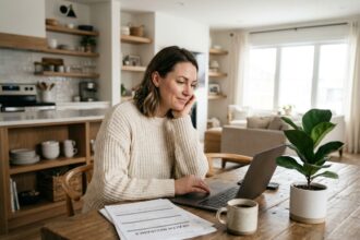 Une femme consulte des documents de mutuelle santé sur son bureau à domicile, illustrant le choix d'une mutuelle adaptée à son mode de vie