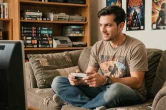 Homme tenant une manette rétro vintage devant une télévision CRT dans un salon aux étagères remplies de consoles et cartouches des années 90