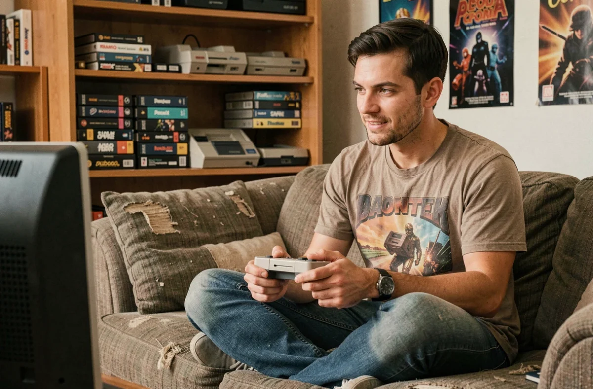 Homme tenant une manette rétro vintage devant une télévision CRT dans un salon aux étagères remplies de consoles et cartouches des années 90