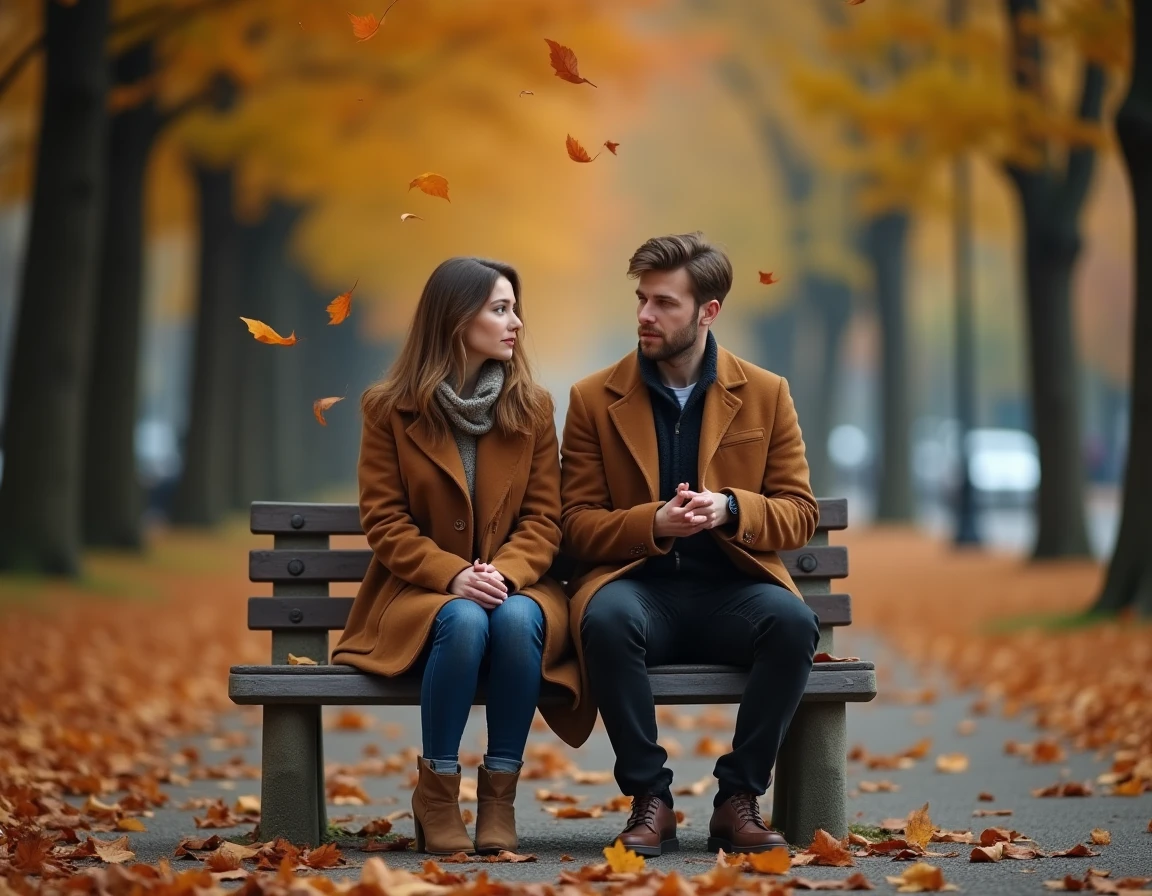 Couple sur un banc de parc en automne, distance émotionnelle entre les deux personnes illustrant la trahison amoureuse