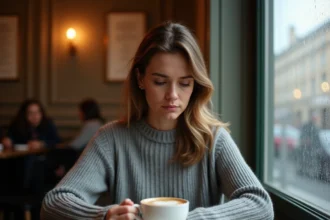 Femme seule dans un café parisien tenant une lettre froissée, expression de trahison amoureuse et de douleur silencieuse