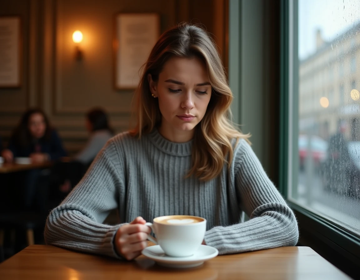Femme seule dans un café parisien tenant une lettre froissée, expression de trahison amoureuse et de douleur silencieuse