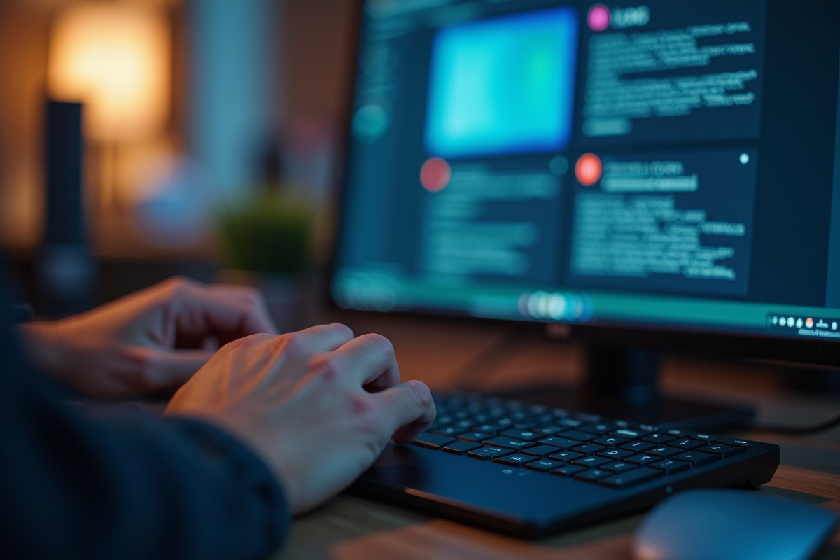 Mains tapant sur un clavier devant un écran webmail IA44