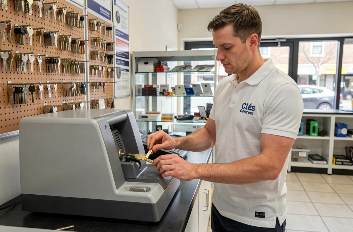 Technicien de Clés Concept utilisant une machine à copier les clés dans leur boutique de serrurerie