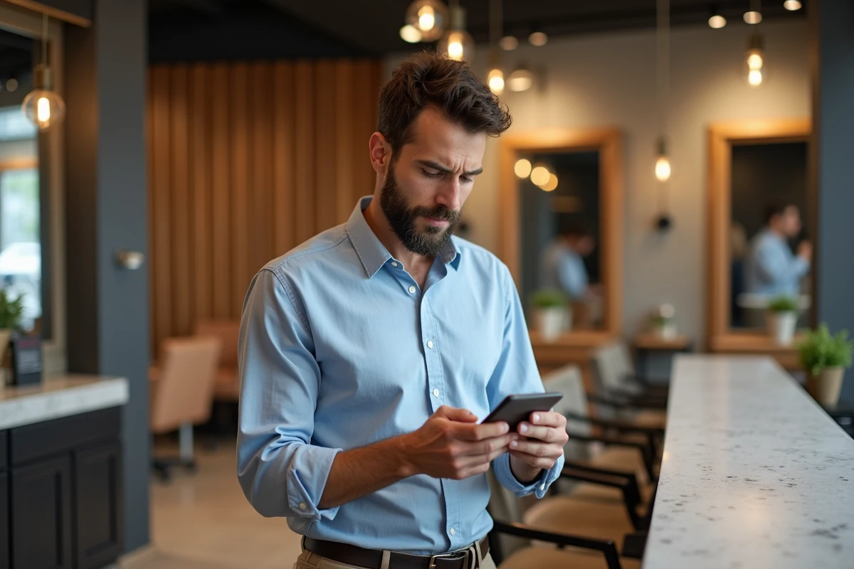 Homme regardant des photos dans un salon de coiffure parisien