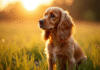 Cocker spaniel américain et chasse : une association réussie ? Cocker spaniel assis dans un champ au lever du soleil