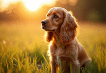 Cocker spaniel assis dans un champ au lever du soleil
