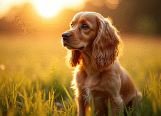 Cocker spaniel assis dans un champ au lever du soleil