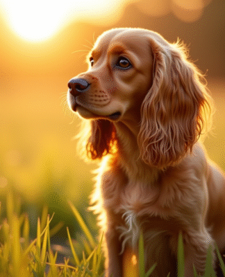 Cocker spaniel assis dans un champ au lever du soleil