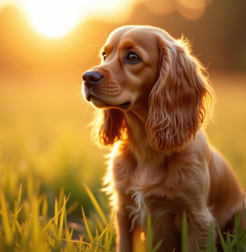 Cocker spaniel assis dans un champ au lever du soleil