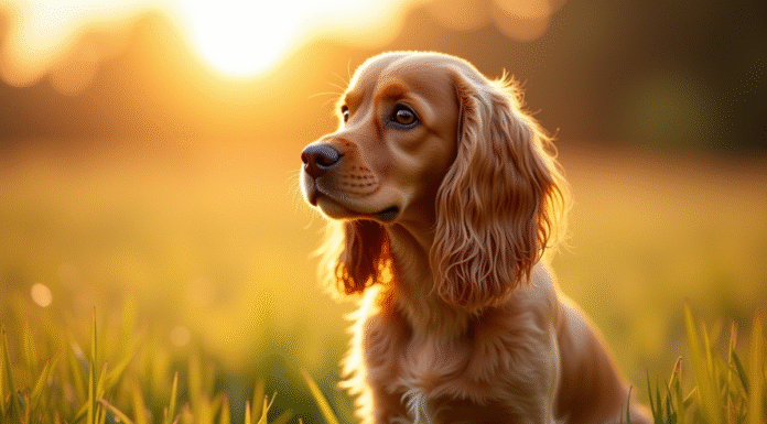 Cocker spaniel assis dans un champ au lever du soleil