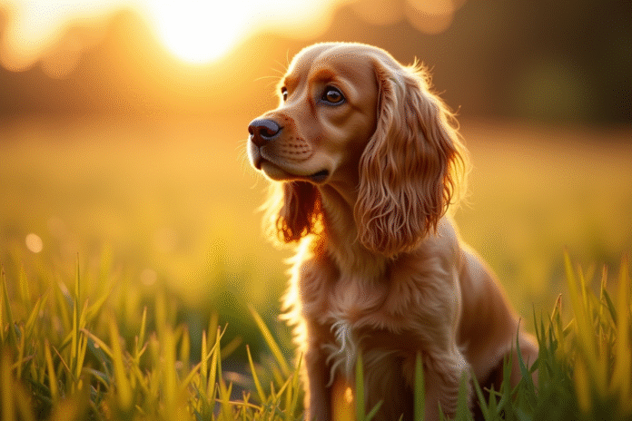 cocker-spaniel-champ-sunrise Cocker spaniel assis dans un champ au lever du soleil