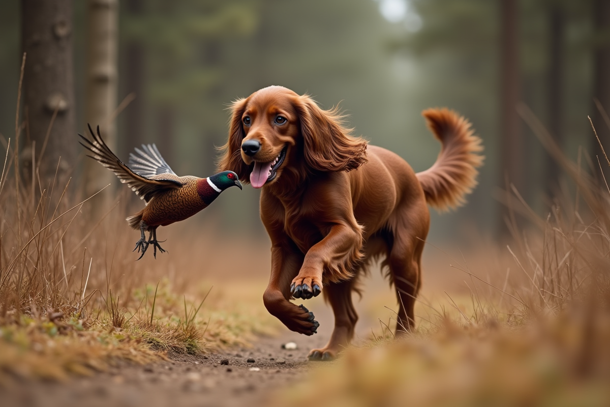 Cocker spaniel en action rapportant un faisan en forêt