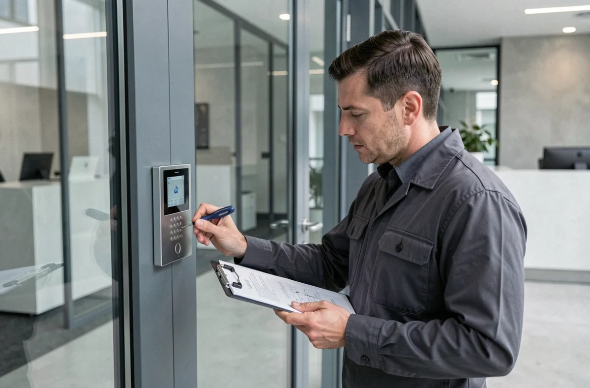 Technicien Codif programmant un contrôle d'accès numérique dans un bâtiment professionnel à Fréjus