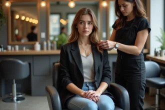 Femme en blazer en train de se faire couper les cheveux dans un salon parisien