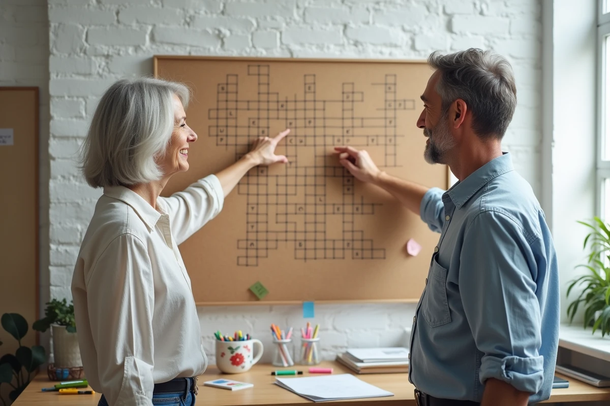 Deux personnes collaborant sur la création d'une grille de mots croisés thématique épinglée sur un tableau en liège dans un studio créatif
