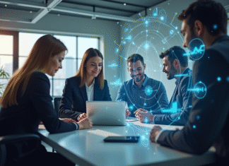 Groupe de professionnels collaborant autour d'un ordinateur moderne