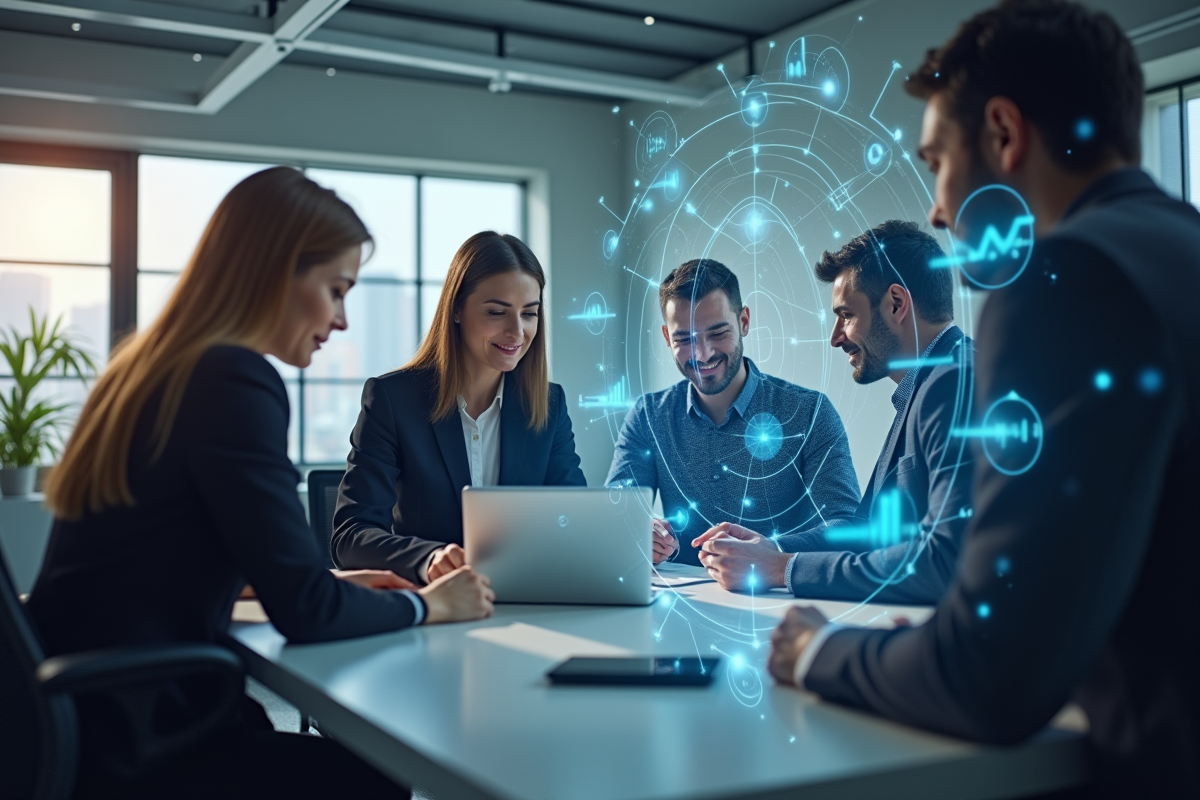 Groupe de professionnels collaborant autour d'un ordinateur moderne