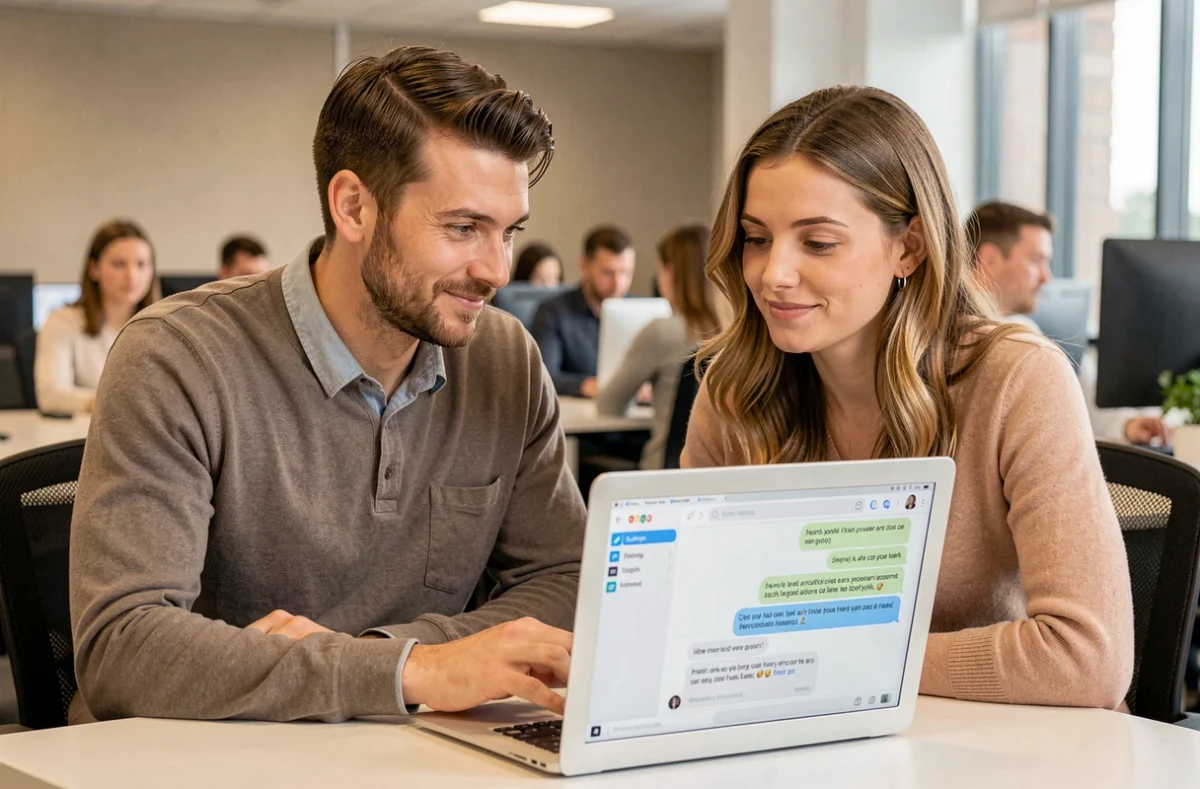 Deux collègues de bureau analysant des messages texte avec des fautes d'orthographe sur un ordinateur portable, questionnant les standards linguistiques en entreprise