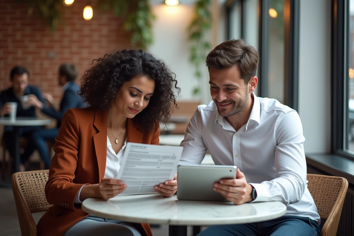Deux collègues discutant d'un guide d'actualités imprimé et d'une tablette dans un café urbain contemporain
