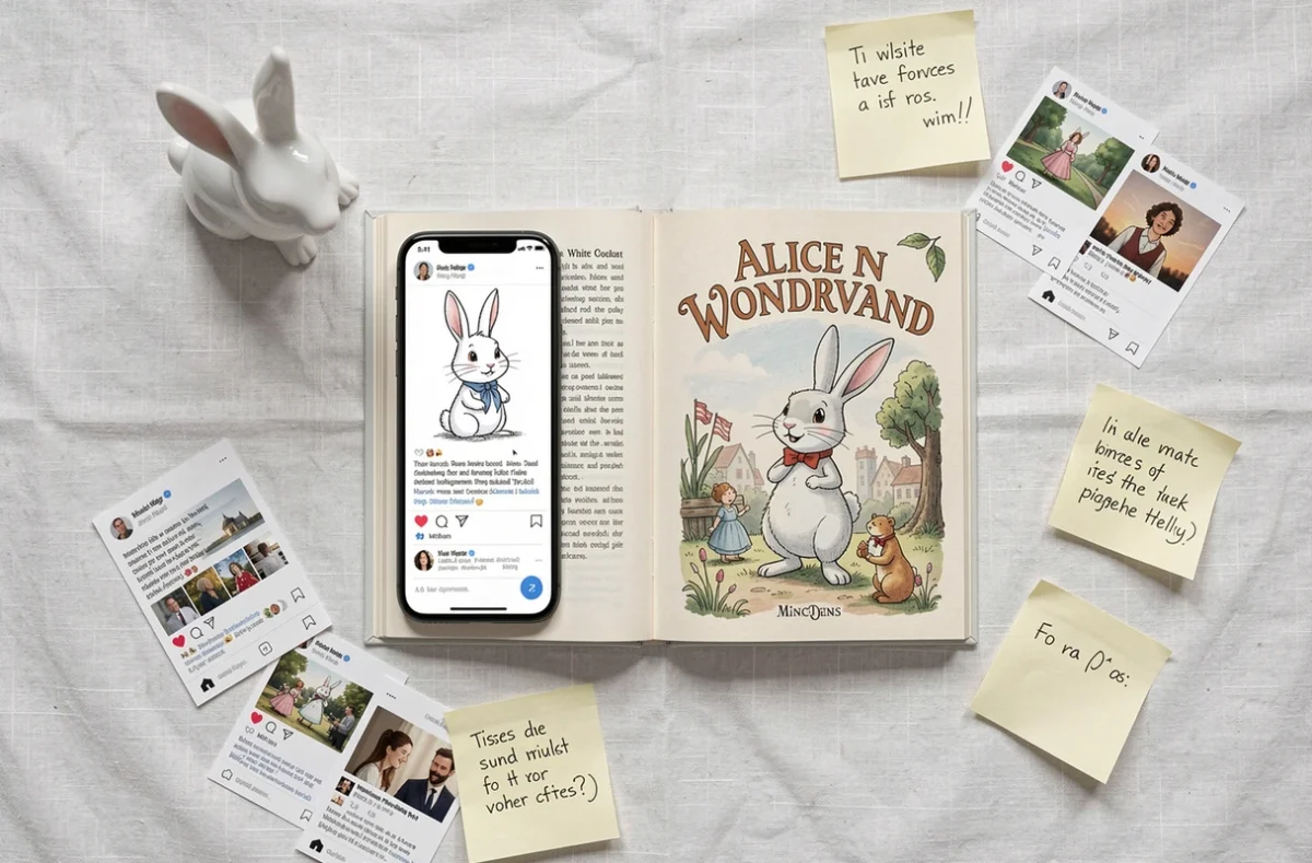 Comparaison visuelle entre mème du lapin blanc en ligne et livre illustré Alice au Pays des Merveilles en flatlay éditorial