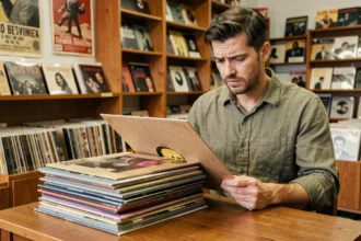 Homme comparant des pochettes de vinyle de tailles différentes dans un magasin de disques
