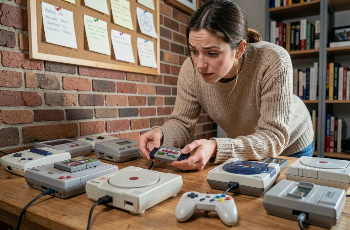 Femme comparant plusieurs consoles rétro vintage posées sur une table en bois, dont une Game Boy et une manette PlayStation, dans un bureau de collectionneur