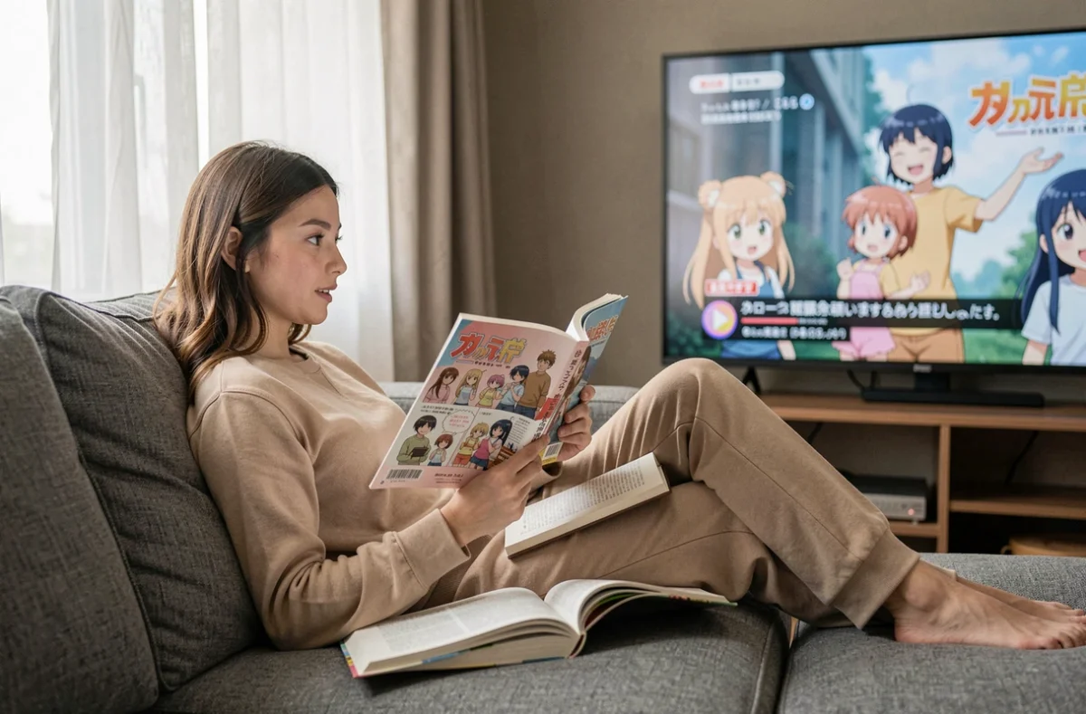 Femme comparant un manga et un anime sur sa télévision dans un salon confortable, illustrant le choix entre scan et adaptation animée