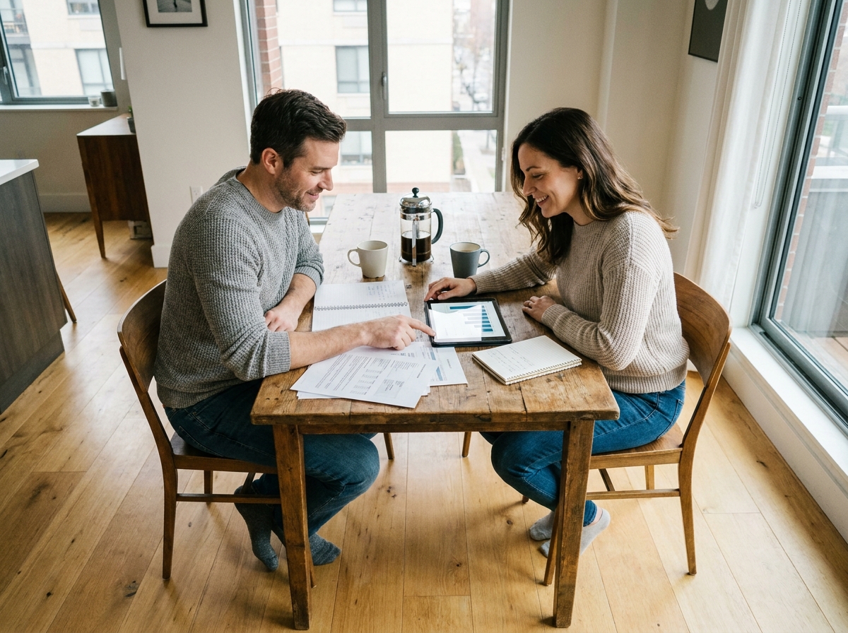 Un couple compare les tarifs et cotisations de différentes mutuelles santé autour d'une table avec des documents et une tablette