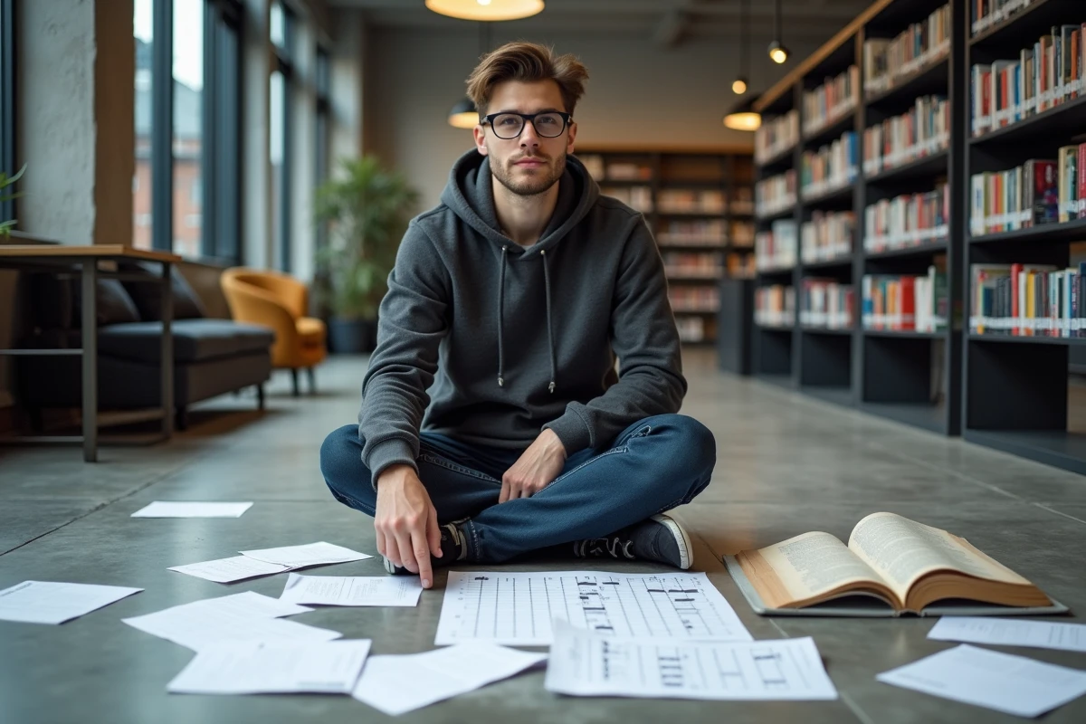 Jeune homme entouré de listes de mots et d'une grille de mots croisés en cours de création dans une bibliothèque moderne