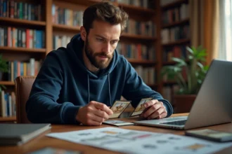 Joueur de Magic: The Gathering construisant un deck à son bureau avec des cartes triées et une liste imprimée