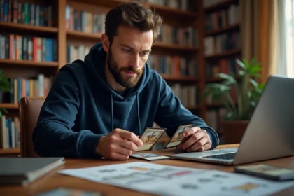 Joueur de Magic: The Gathering construisant un deck à son bureau avec des cartes triées et une liste imprimée