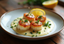 Assiette de coquilles SaintJacques à la normande en lumière naturelle