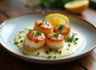 Assiette de coquilles SaintJacques à la normande en lumière naturelle