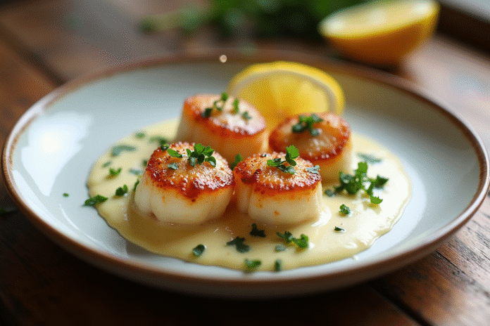Assiette de coquilles SaintJacques à la normande en lumière naturelle
