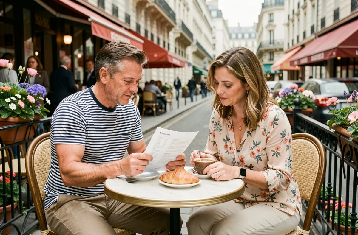 Couple consultant leur itinéraire de vacances de printemps en terrasse de café à Paris pour les jours fériés de mai 2026