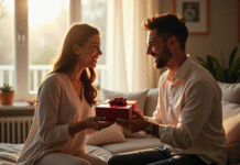 Couple souriant échangeant un coffret cadeau dans un salon lumineux