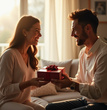 Couple souriant échangeant un coffret cadeau dans un salon lumineux