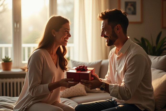 couple-coffret-cadeau-living-room Couple souriant échangeant un coffret cadeau dans un salon lumineux