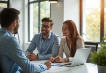 Jeune couple souriant avec conseiller financier dans un bureau lumineux