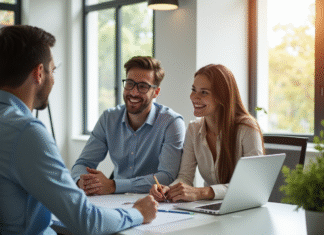 Société Générale pour les particuliers : quelles sont les solutions de crédit ? Jeune couple souriant avec conseiller financier dans un bureau lumineux
