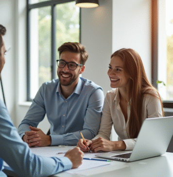 Jeune couple souriant avec conseiller financier dans un bureau lumineux
