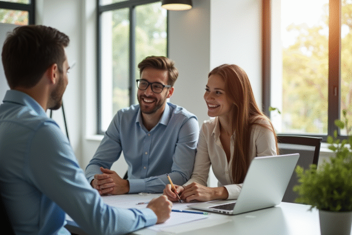Jeune couple souriant avec conseiller financier dans un bureau lumineux